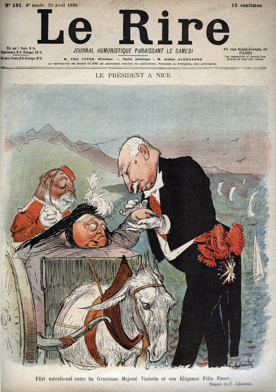 Præsidenten i Nice - Frankrigs præsident Felix Faure mødte dronning Victoria i Nice - tegneserie af Charles Leandre (1862-1934) i "" Le Rire"" af 23. april 1898 af Charles Leandre