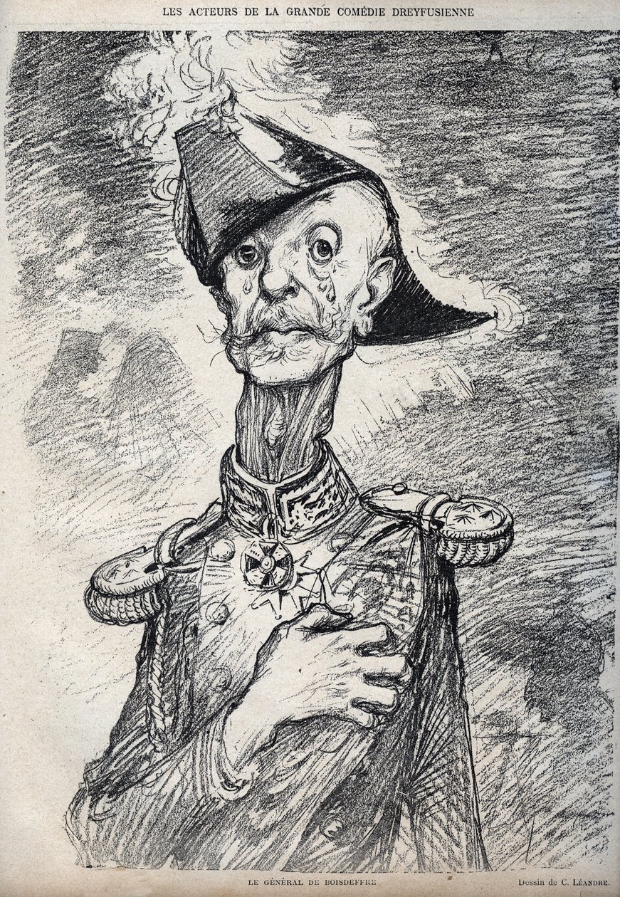 Skuespillerne i den store Dreyfussianske komedie - Portræt af Raoul Le Mouton de Boisdeffre (General de Boisdeffre) (1839 -1919), fransk militær - tegnefilm af Charles Leandre (1862-1934) i "" Le Rire""" 1898 af Charles Leandre
