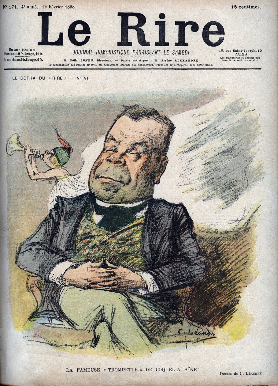 Den berømte trompet af Poppy Aine - Portræt af Constant Poppy kaldet Aine Poppy (1841-1904) - - karikatur af Charles Leandre (1862-1934) i "" Latteren"" af 12. februar af Charles Leandre