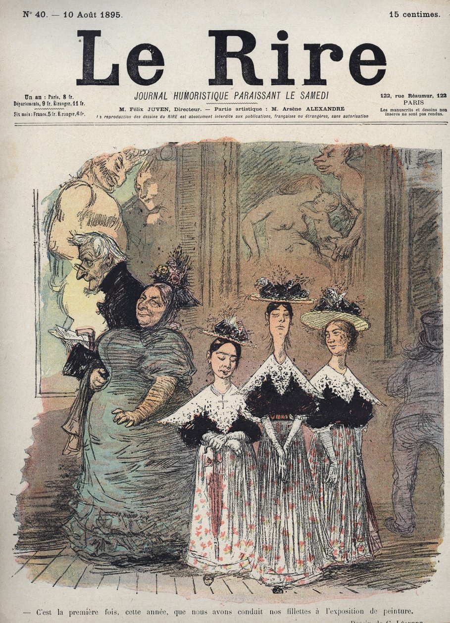 Det er første gang, i år, at vi har ført vores piger til maleriudstillingen - karikatur af Charles Leandre (1862-1934) i "" Le Rire""" den 10. august af Charles Leandre