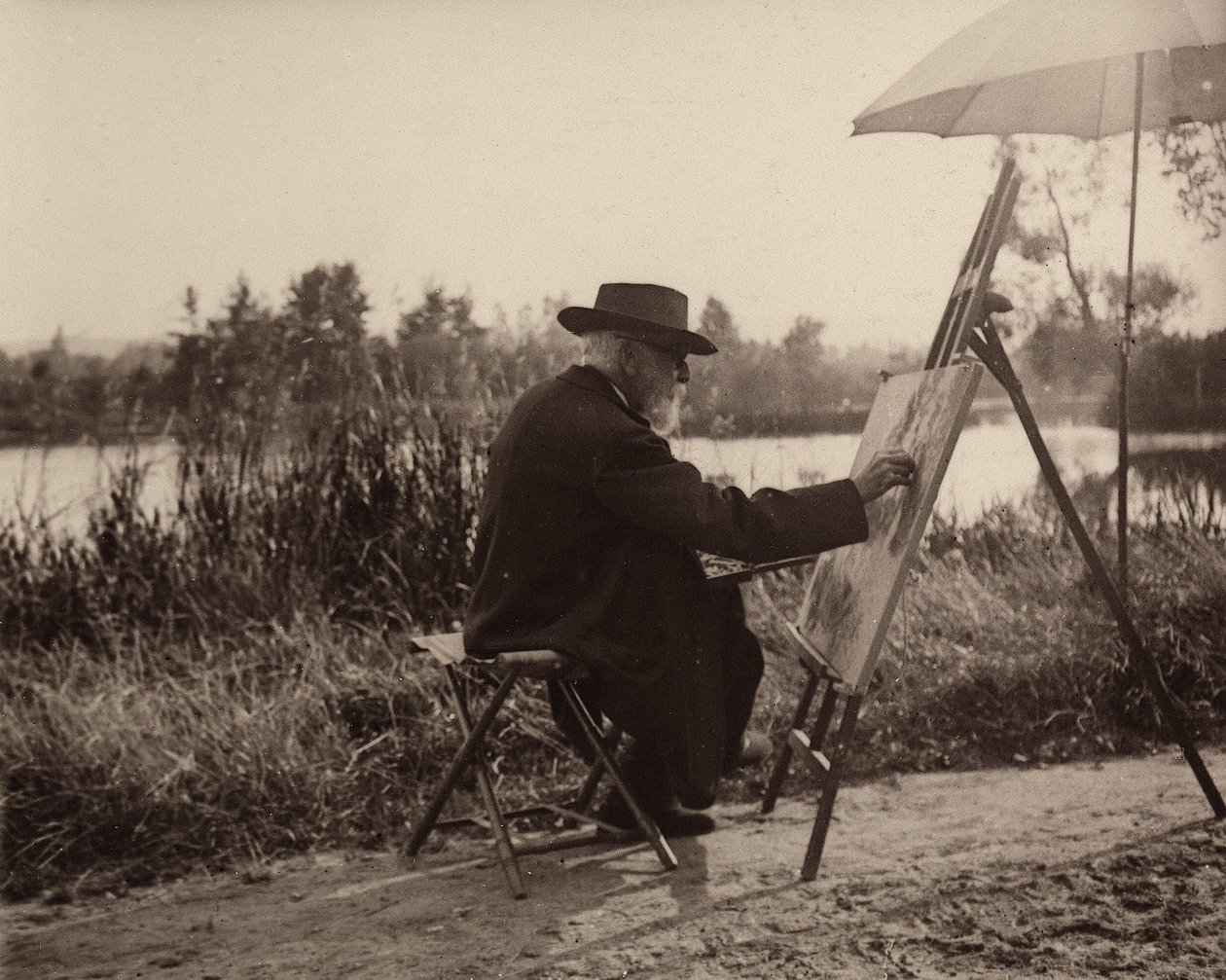 Maleren Lhermitte Léon (1844-1925), mens han arbejdede på Marne-sidebredden, ikke langt væk fra sin ejendom, omkring 1914-1915, Frankrig af Charles Lhermitte