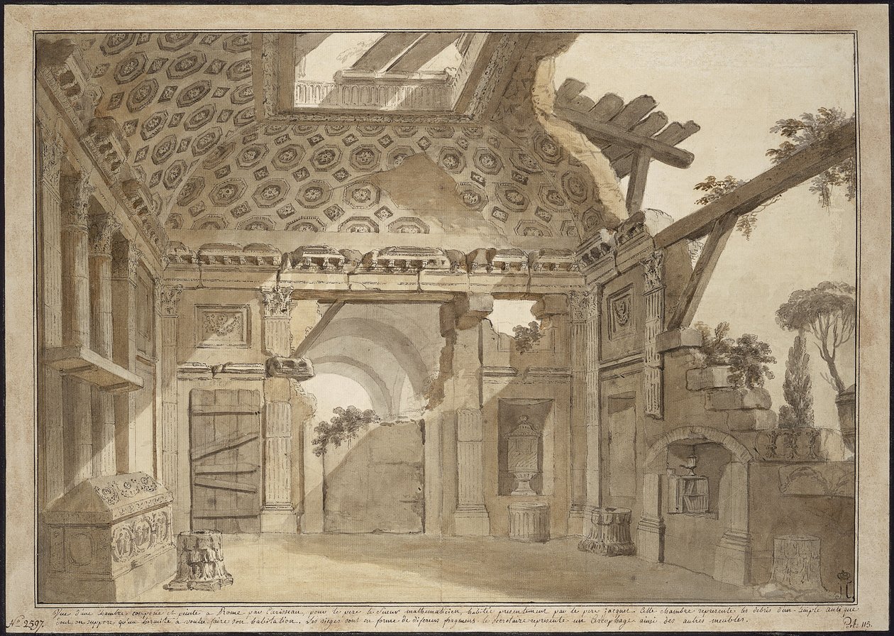Design til malerierne i fader Lesueurs celle i klosteret Santissima Trinita dei Monti i Rom - Charles Louis Clerisseau (1722-1820). Pen, pensel, gråt og brunt blæk, hvid farve på papir, ca 1760. Mål: 36,9x53 cm. Statens Eremitage, af Charles Louis Clerisseau