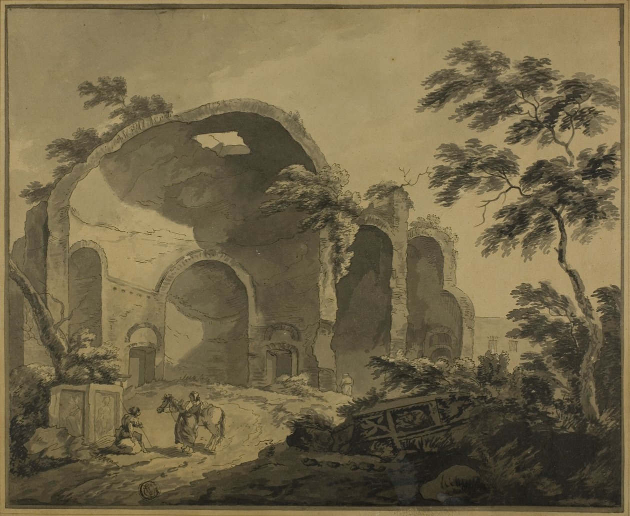 Romerske ruiner med to samtalende bønder i forgrunden af Charles Louis Clerisseau