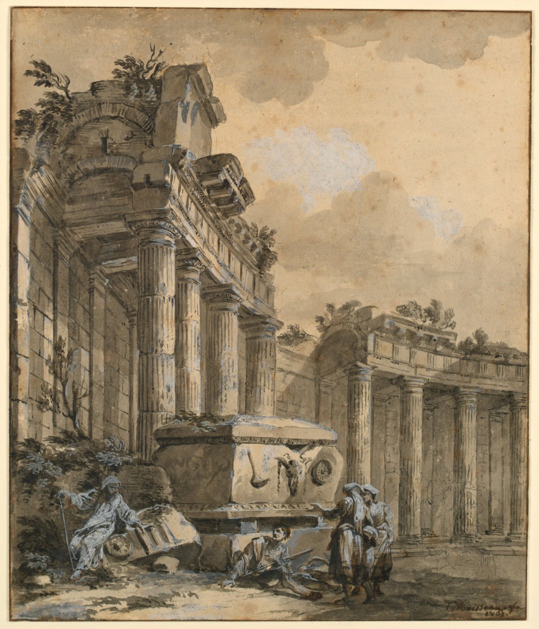 Tegning, Figurer nær en ødelagt kolonnade, 1761 af Charles Louis Clerisseau