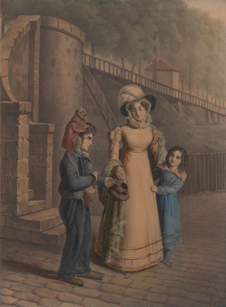 Dreng med en abe på skulderen modtager mønter fra en mor og datter, 1803-40. af Charles Louis Constans