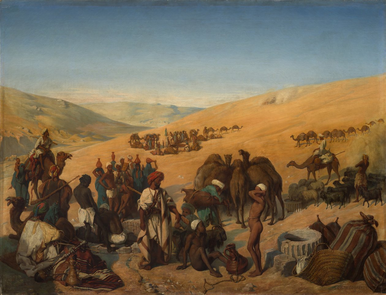 Standsning af karavaner ved brøndene i Saba Beersheba i ørkenen syd for Hebron, 1850. af Charles Louis Fredy de Coubertin