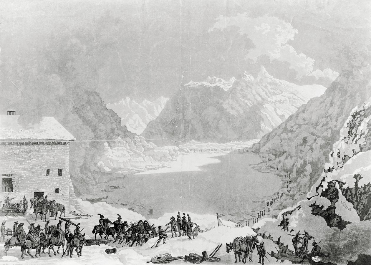 Fransk hær af førstekonsul Napoleon Bonaparte (1769-1821) på Great St Bernard Pass Hospice, 20. maj af Charles Louis Lucien Muller