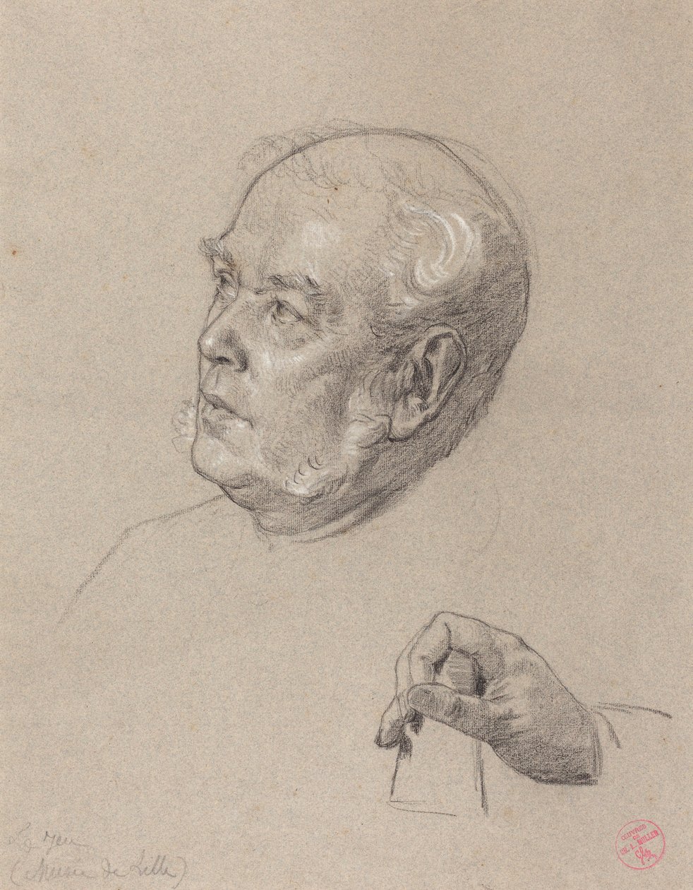 Hoved og hånd på en mand, der kaster terninger af Charles Louis Lucien Muller