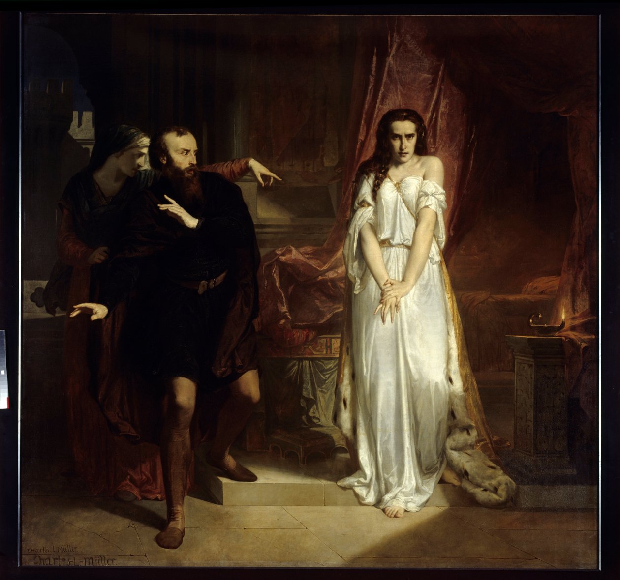 Lady Macbeth Illustration til William Shakespeares værk "MacBeth". En kvinde i natkjole bliver ydmyget af en anden kvinde foran en mand, der er bange. Maleri af Charles Louis Muller (1815-1892) 1848 Amiens, Musee de Picardie. - Lady Macbeth, Illustration f af Charles Louis Lucien Muller