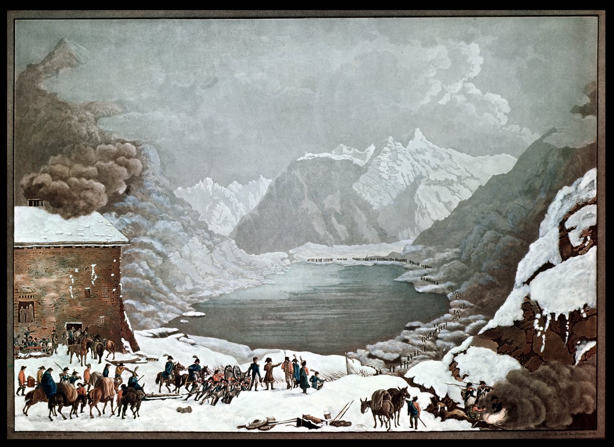 Napoleon Bonaparte (1769-1821) på St. Bernard Pass Hospice, 20. maj 1800, indgraveret af Merou (akvatint) af Charles Louis Lucien Muller