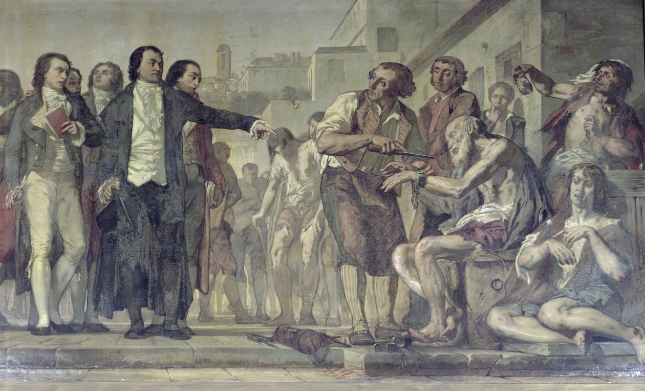 Philippe Pinel 1745-1826 løslader galninge fra deres lænker på Bicetre-asylet i Paris i 1793, ca. 1840-50 olie på lærred detalje fra 163956 af Charles Louis Lucien Muller