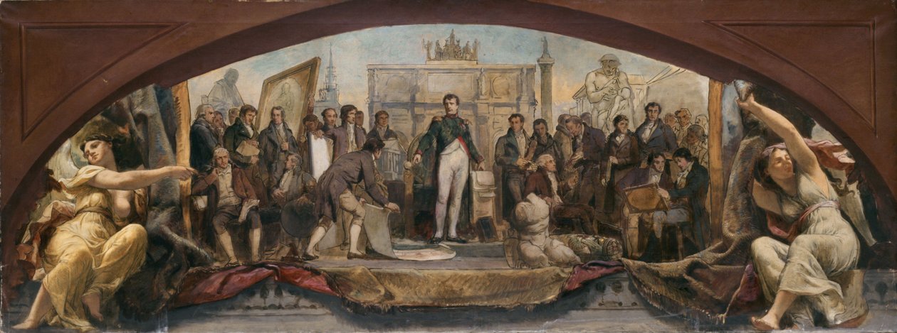 Skitse til Denon-pavillonen i Louvre: Les quatre âges artistiques de la France - Présentation des plans à Napoléon, ca. 1864 (olie på lærred) af Charles Louis Lucien Muller