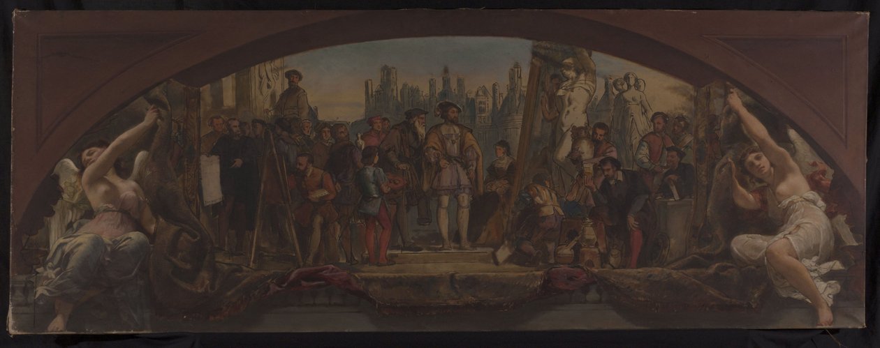 Skitse til Denon-pavillonen i Louvre: Les quatre âges de la vie artistique en France - Præsentation af planer for Château de Fontainebleau til Frans I, ca. 1864 (olie på lærred) af Charles Louis Lucien Muller