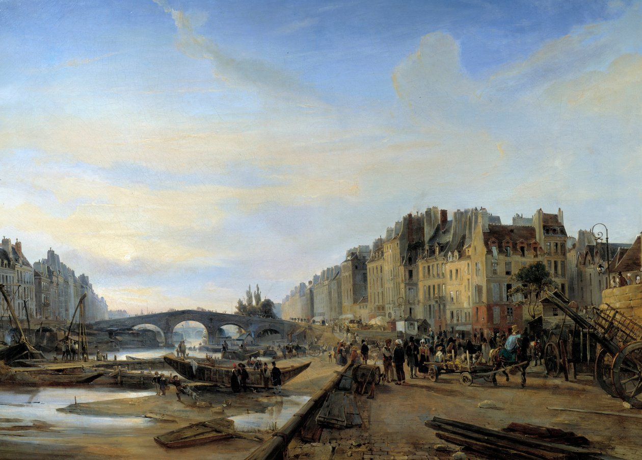 Marie-broen og Saint Paul Havn omkring 1825. Udsigt over Paris. Maleri af Charles Louis Mozin (1806-1862) af Charles Louis Mozin