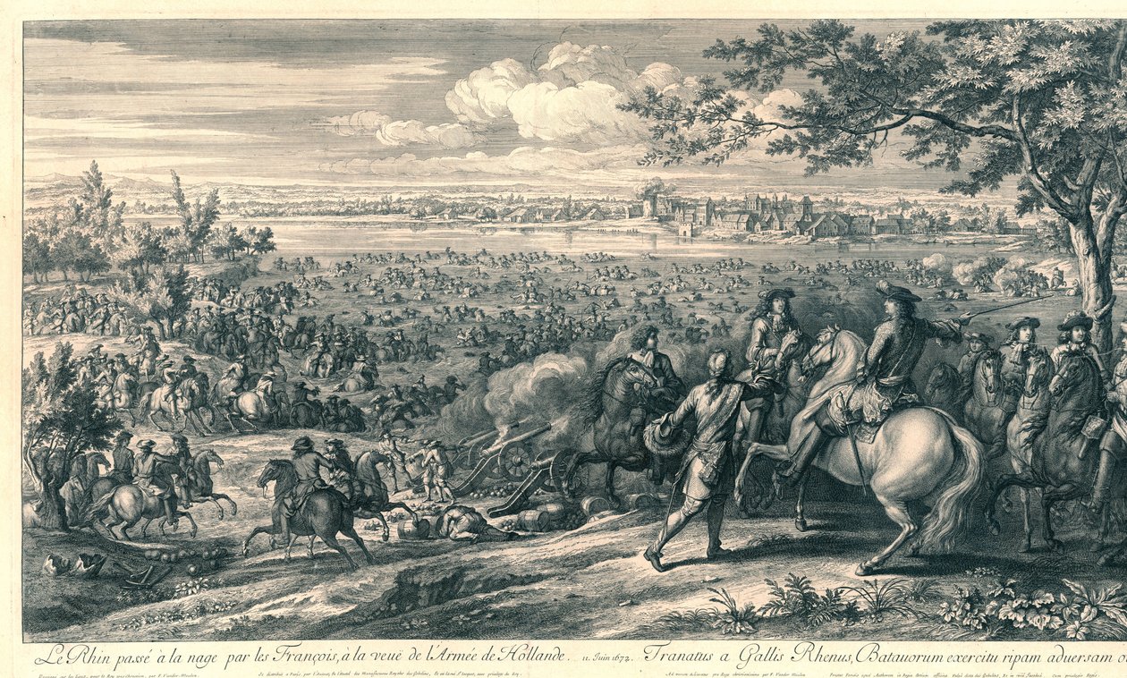 De Franse legers steken bij Lobith de Rijn over, 1672 Rhinen svømmede forbi franskmændene ved synet af Army of Holland (titel på objektet) af Charles Louis Simonneau