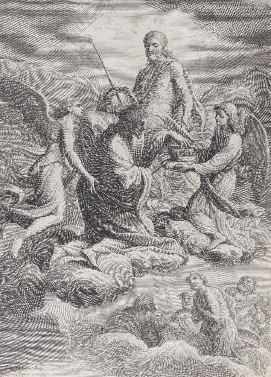 Saint Louis af Frankrig modtaget i himlen af Kristus og to engle, der tilbyder ham c..., 1671-80. af Charles Louis Simonneau