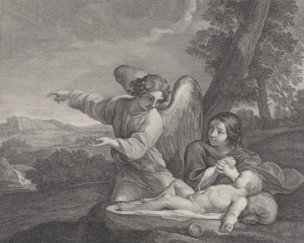 Englen viser sig for Hagar i ørkenen, mens hun folder sine hænder ved siden af søvnen..., 1700-28. af Charles Louis Simonneau