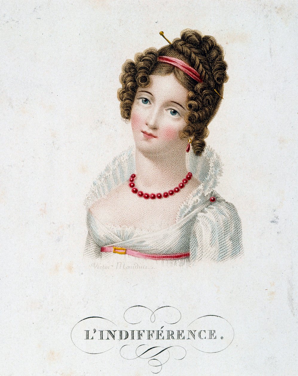 Ligegyldigheden En ung kvinde klædt i mode First Empire. Litografi af Victor Mauduit (1788-?) 1800-tallets Paris, dekorativ kunst af Charles Louis Victor Mauduit