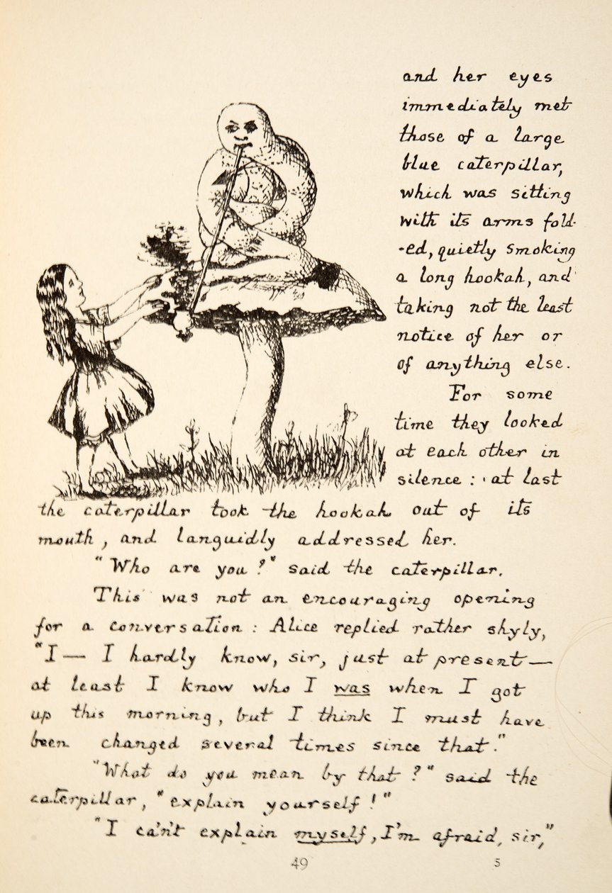 Alice får råd fra Blue Caterpillar, illustration fra Alices Adventures Under Ground, pub. 1886 (faksimile) af Charles Lutwidge Dodgson