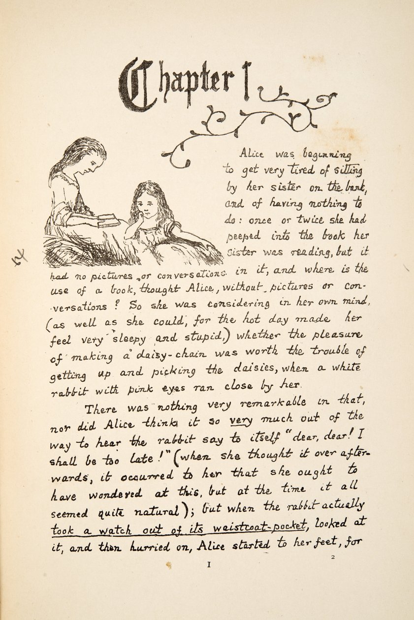 Alice med sin søster, illustration fra Alices Adventures Under Ground, pub. 1886 (faksimile) af Charles Lutwidge Dodgson