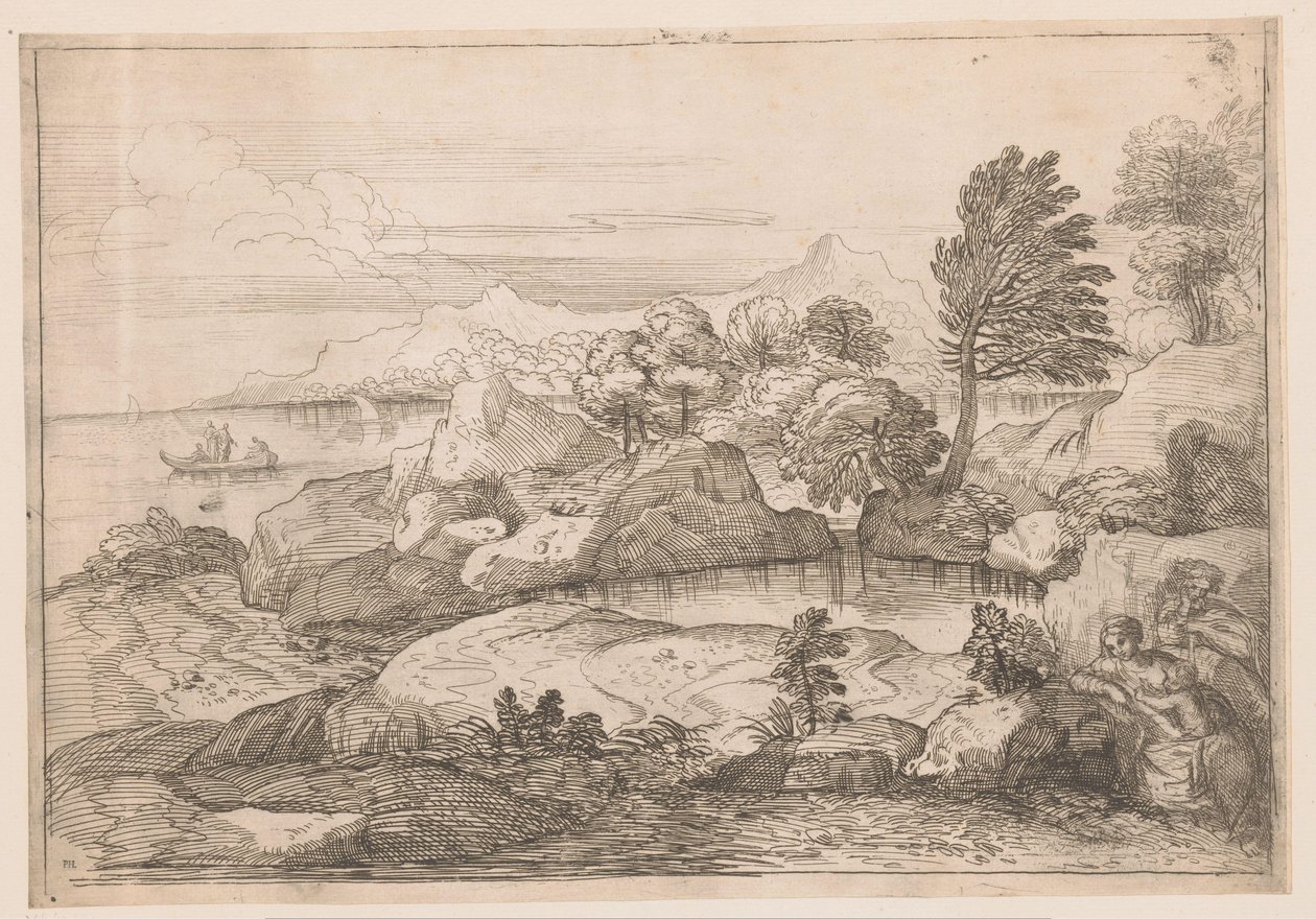 Landskab med hellig familie af Charles Macé (attributed to)