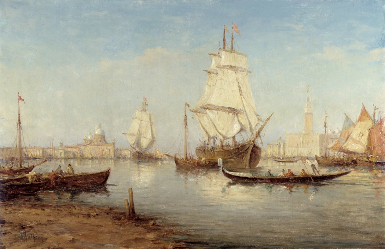 Galeoner og gondoler i San Marco-bassinet (Saint Mark a Venedig) Maleri af Charles Malfroy (1862-1918) Obligatorisk omtale: Samlingsfondens hilsener fra Provence, Marseille af Charles Malfroy