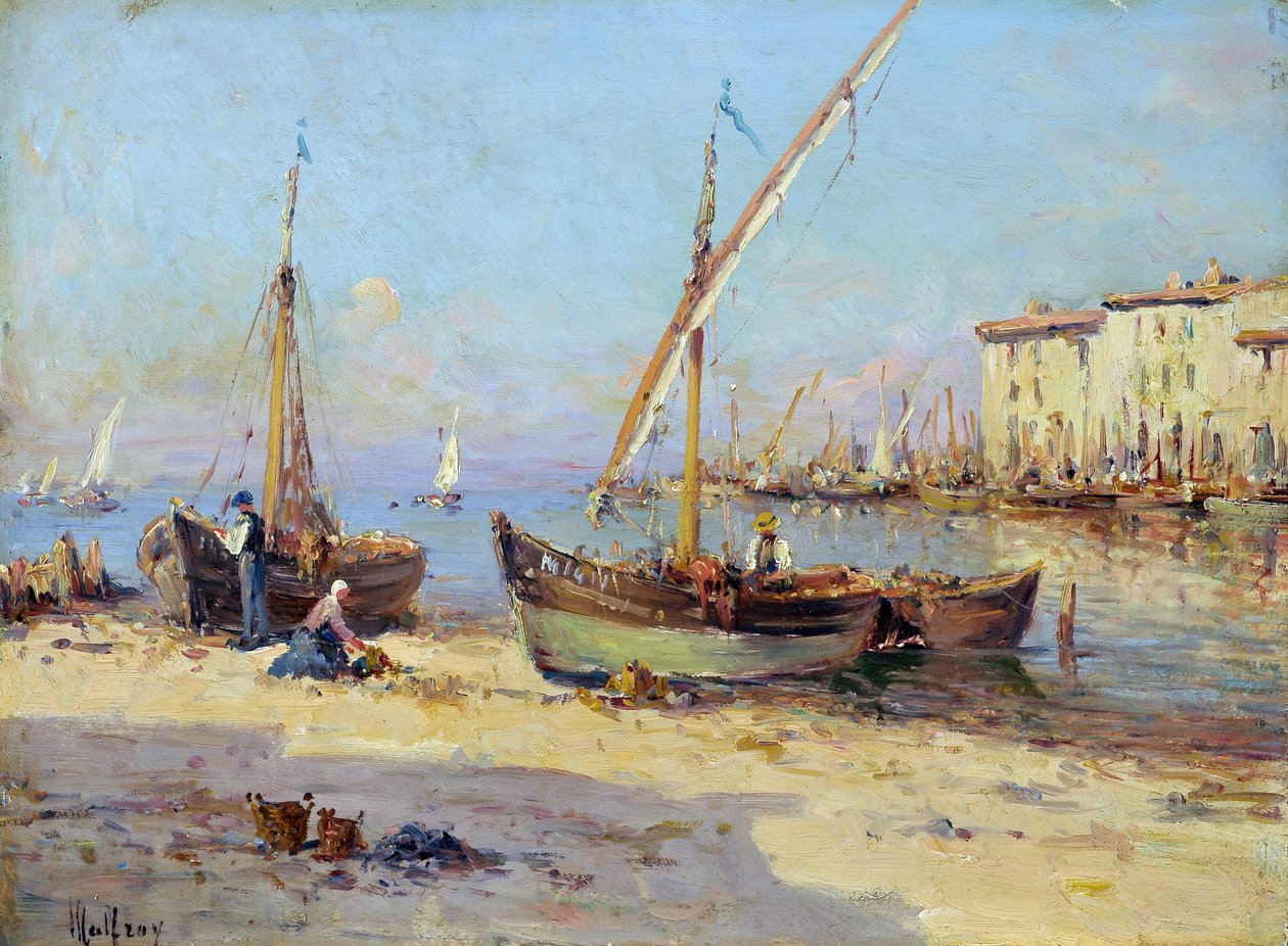 Udsigt over Martigues. Maleri af Charles Malfroy (1862-1918). Olie på træ. Mål: 29,5x40 cm. Obligatorisk omtale: Collection fondation regards de Provence, Marseille af Charles Malfroy