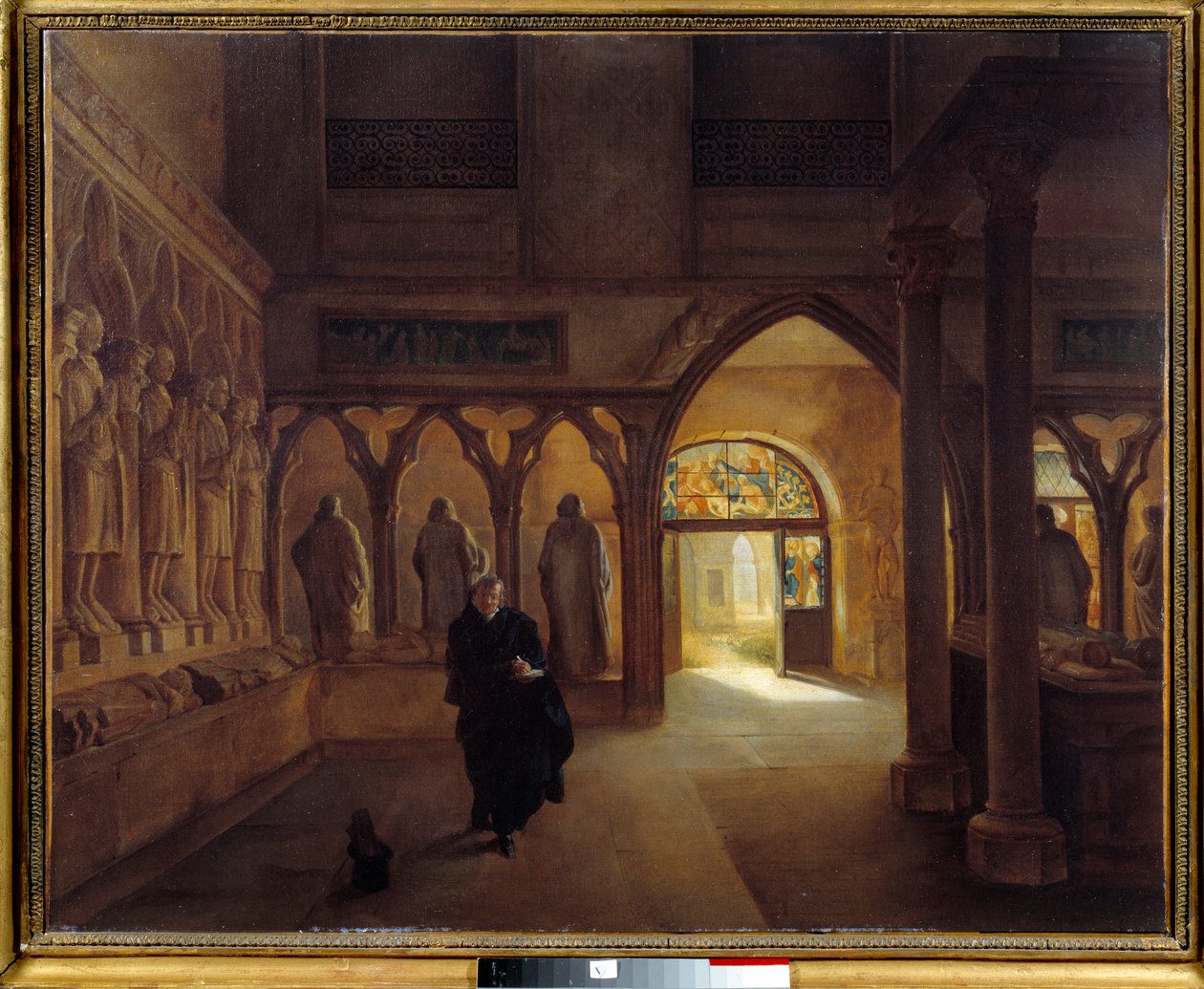 Det 14. århundredes skulpturrum på Musee des Monuments Français Den franske arkæolog Marie Alexandre Lenoir (1761-1839) i forgrunden. Maleri af Charles Marie Bouton (1781-1853) 1815 søn. 0,6x0,73 m Paris. Carnavalet Museum af Charles Marie Bouton