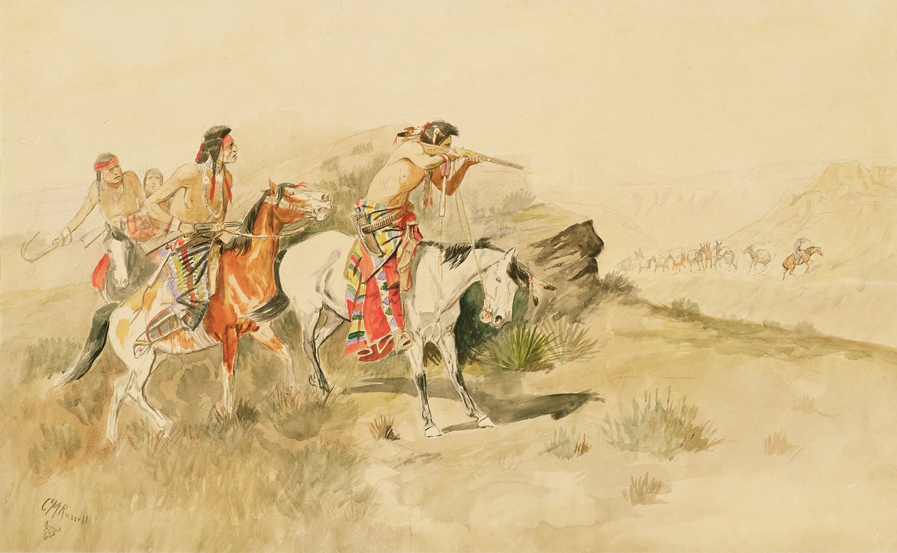 Attack on the Muleteers, ca. 1895 (blyant & wc på papir) af Charles Marion Russell
