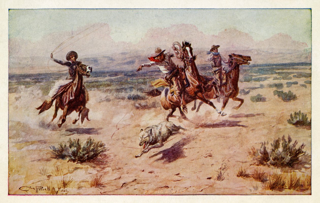 Cowboys, der jagter en prærieulv af Charles Marion Russell