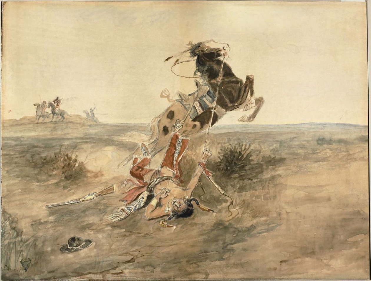Fallen Indian Warrior, ca. 1886 (akvarel og grafit på cremefarvet vævet papir) af Charles Marion Russell