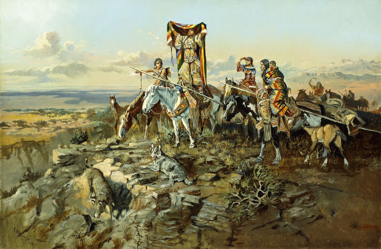 I kølvandet på jægerne, 1896 af Charles Marion Russell