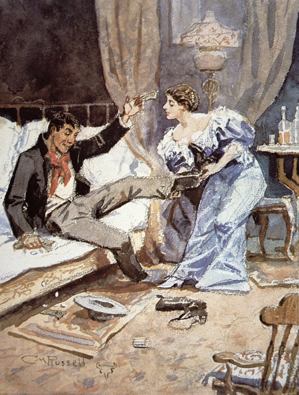 Saloonpige med en beruset cowboy, ca. 1898 (akvarel på papir) af Charles Marion Russell