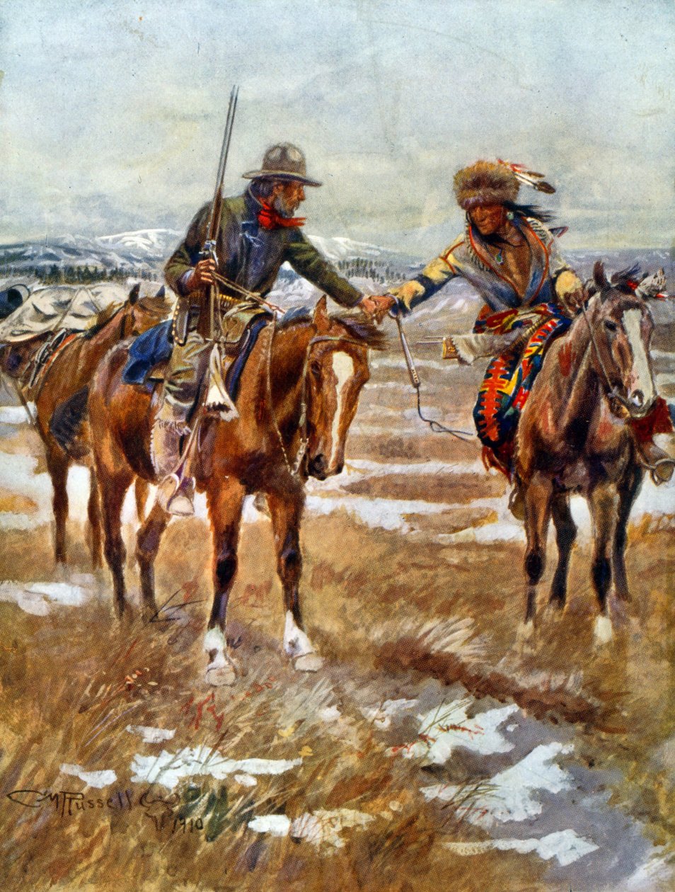 Mødet mellem amerikanske og indianske mænd, der giver hånd til hest af Charles Marion Russell