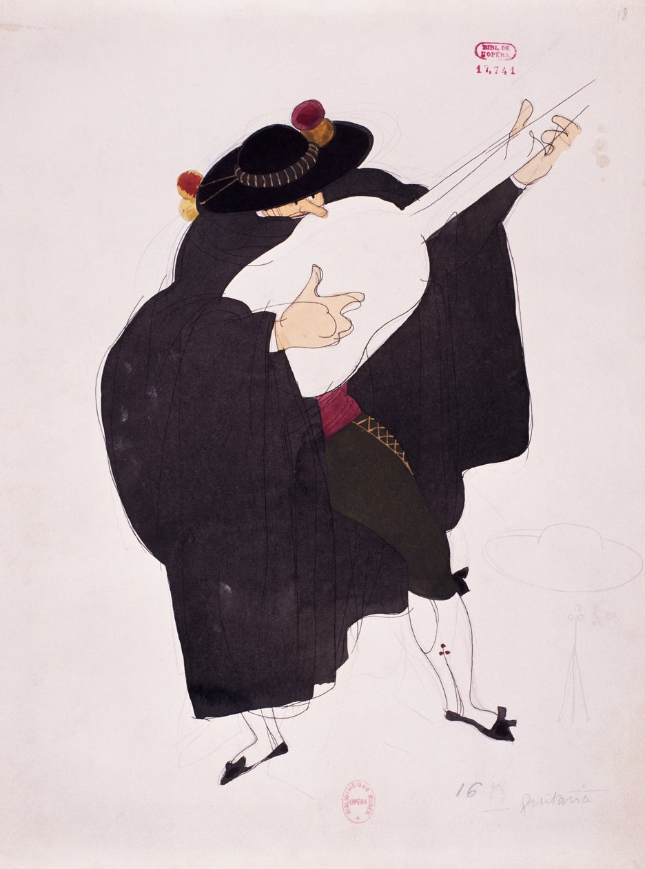 Kostume til guitaristens karakter fra Barberen i Sevilla af Gioacchino Rossini, sketch af Charles Martin (1884-1934) af Charles Martin