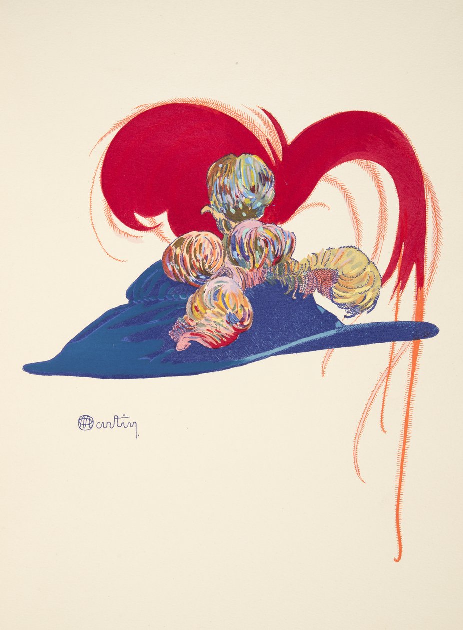 Design til en hat, fra La Mode en mil neuf cent douze. chez Marcelle Demay, pub. 1912 (stencilprint) af Charles Martin