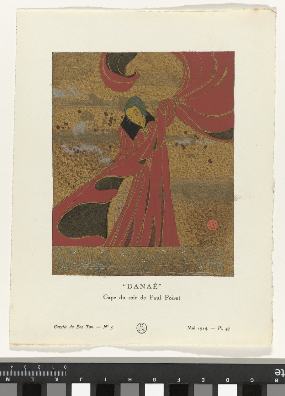 Gazette du Bon Ton, 1914 - nr. 5, pl. 47: Danae / Evening Cape af Paul Poiret (titel på objektet) af Charles Martin