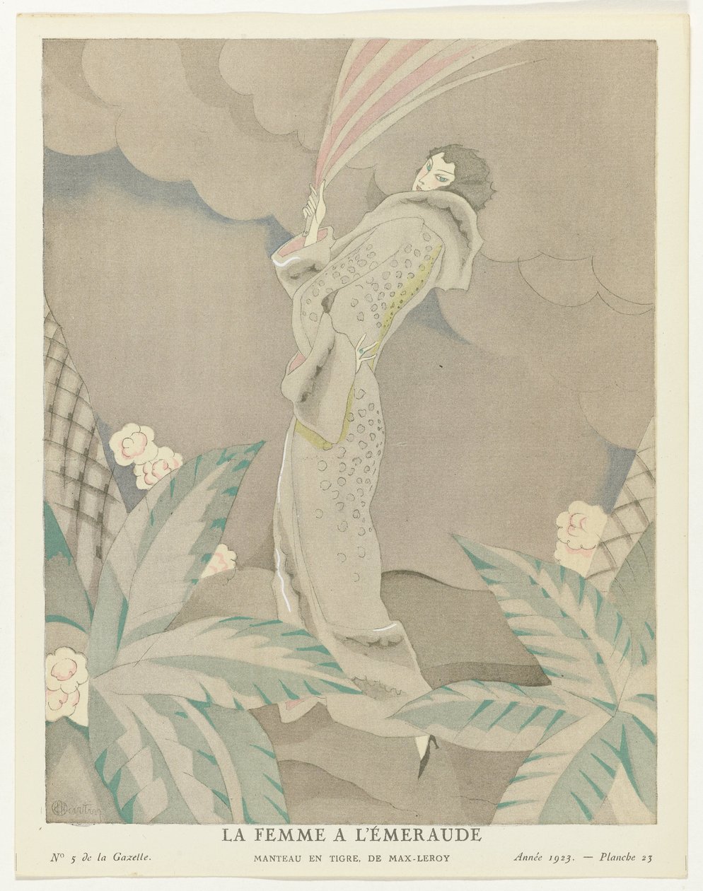 Gazette du Bon Ton 1923, nr. 5, pl. 23: The Emerald Woman - Tiger frakke, af Max-Leroy (titel på objektet) af Charles Martin