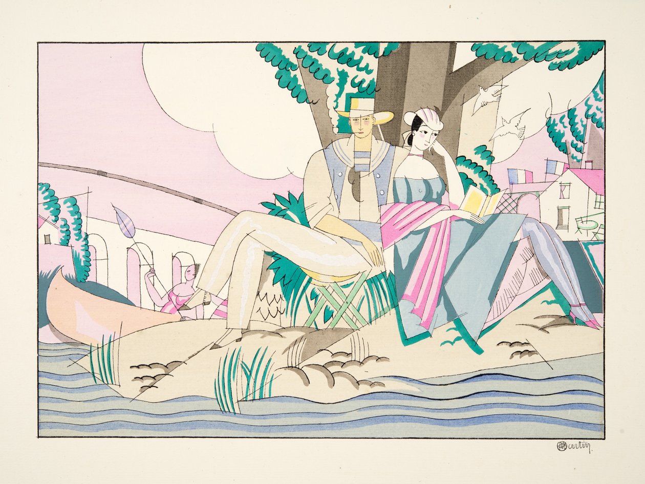 La Peche fra Sports & Entertainment, pub. 1914 (stenciltryk) af Charles Martin