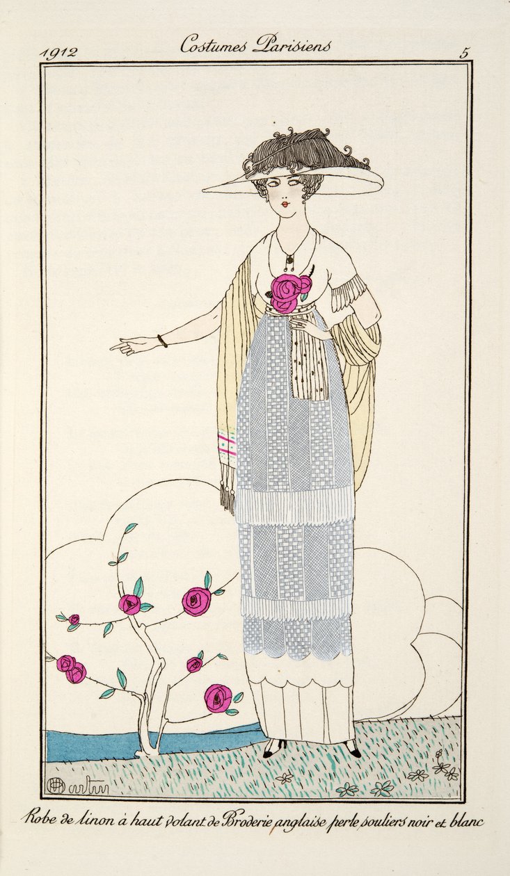 Linnedkjole med høj flæse fra Broderie anglaise perle sorte og hvide sko, Plade 5, Costumes Parisiens udgivet i Journal des Dames et des Modes, 1912 (håndfarvet gravering) af Charles Martin