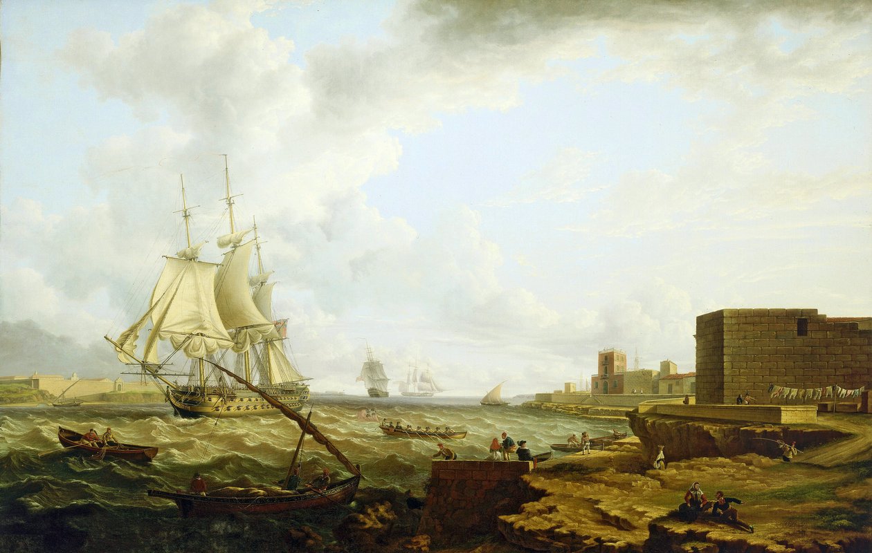 Et britisk krigsskib af tredje klasse fra Royal Navy sejler ind i Port Mahon (Spanien) med et lille fartøj, der fragter officerer til kajen, til højre. af Charles Martin Powell