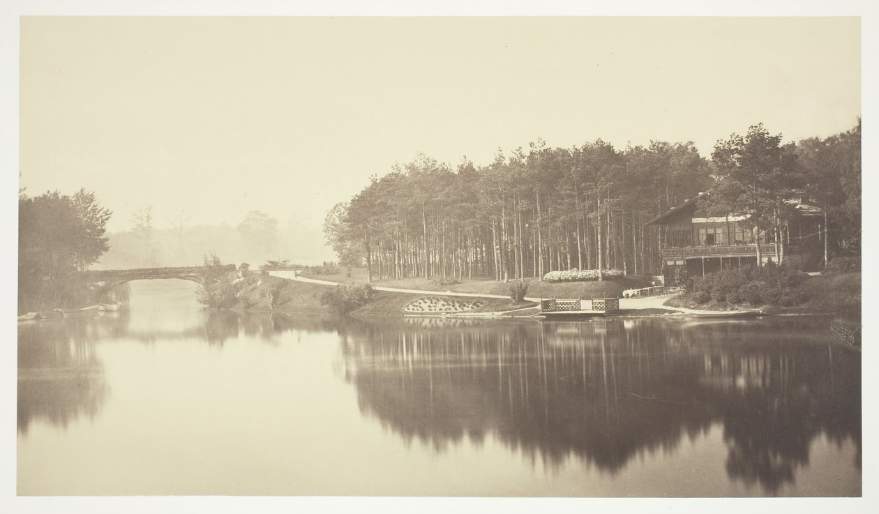 Uden titel, c. 1850. [Bro og hytte i Bois de Boulogne, en park i Paris]. af Charles Marville