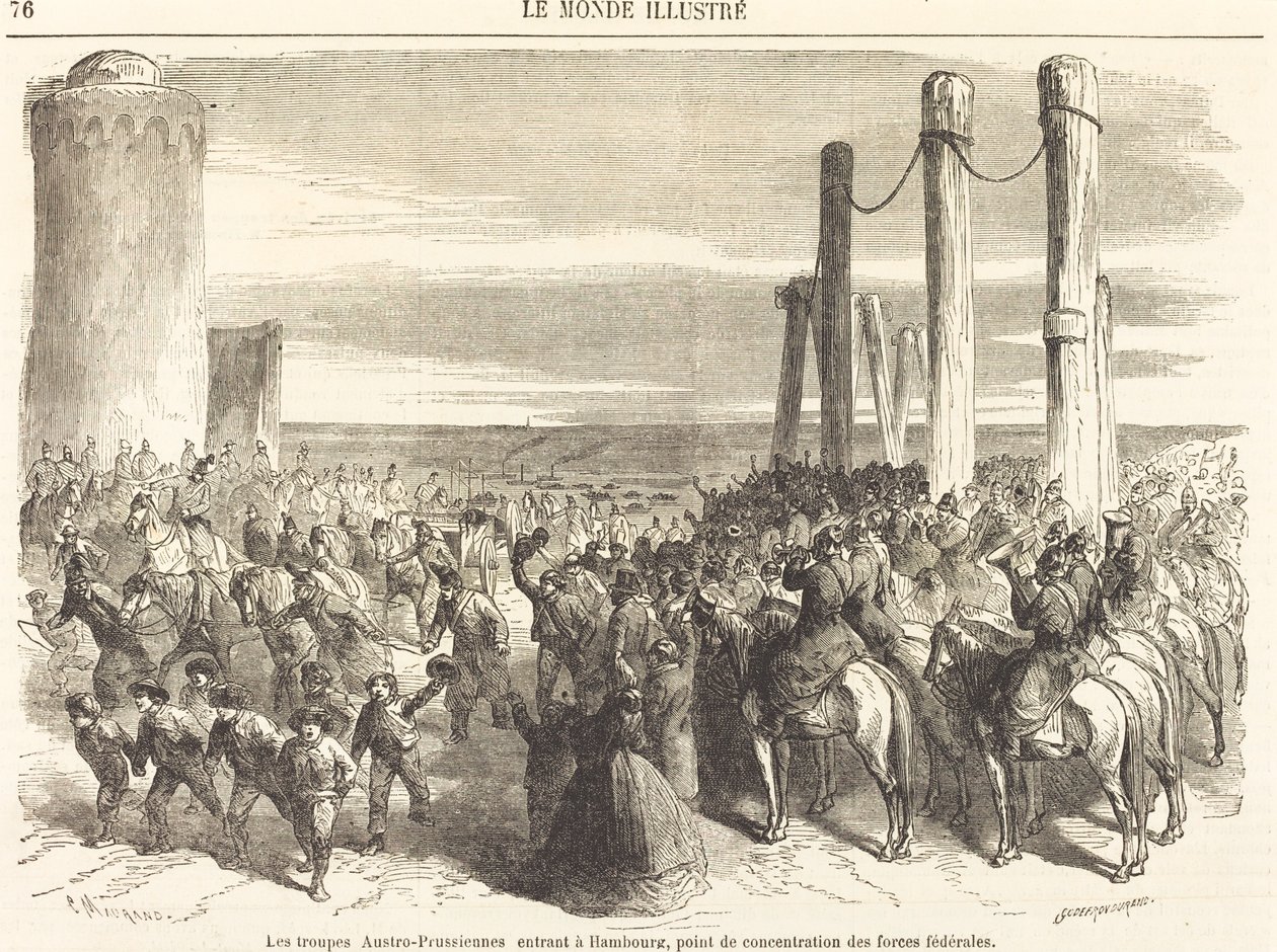 Østrig-preussiske tropper på vej ind i Hamborg ... [øverste halvdel] af Charles Maurand after Godefroy Durand