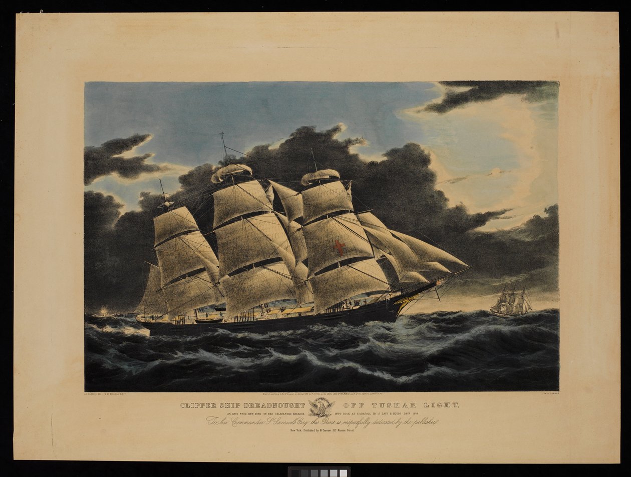 Clipperskibet Dreadnought ud for Tuskar Light 12 1/2 dag fra New York på sin berømte sejlads ind i dokken i Liverpool på 13 dage og 11 timer i december 1854 ... (litografi, farvelagt) af Charles & Mcfarlane Duncan (1818 1865) Parsons