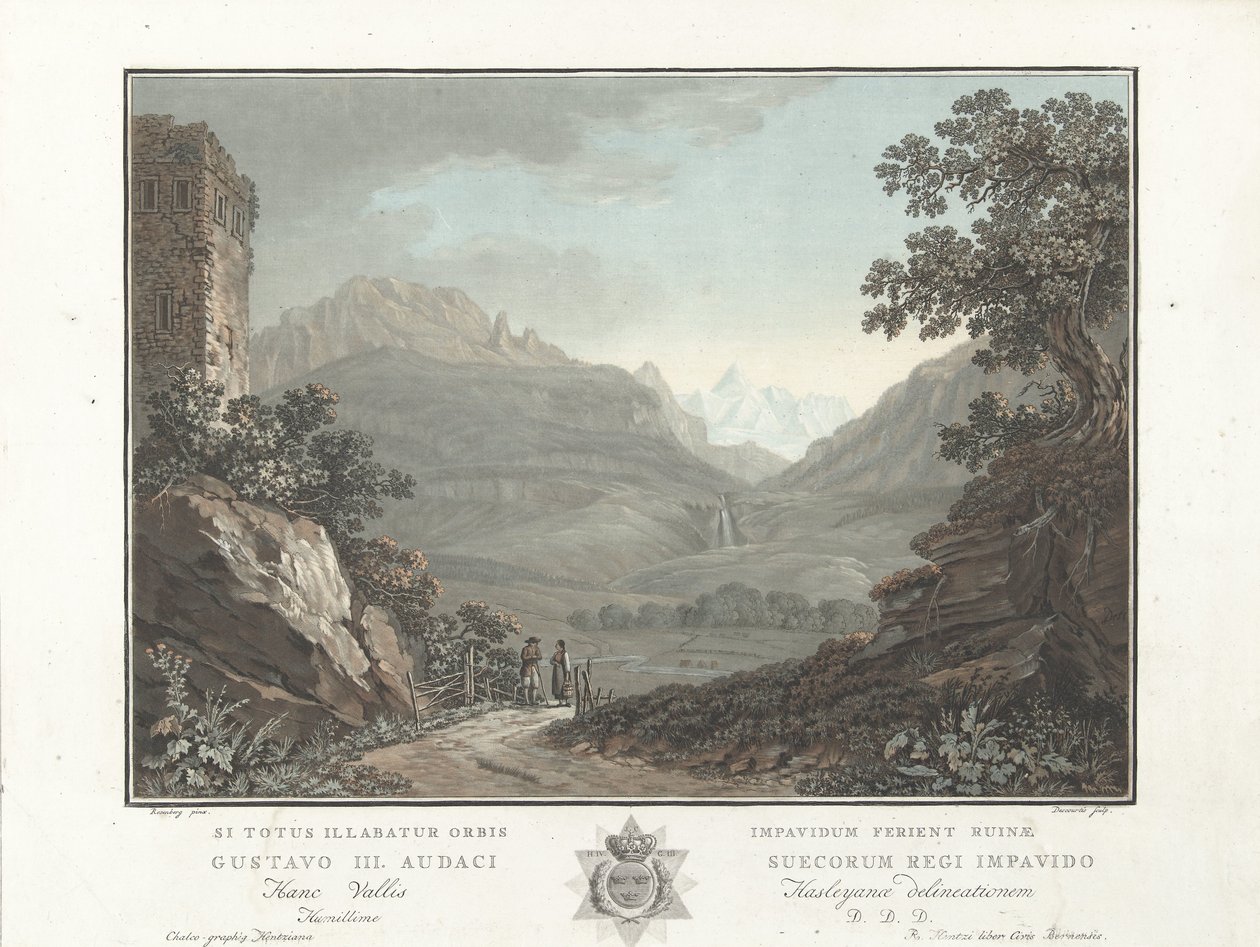 Berglandschap i Schweiz Udsigt over Oberhashi-dalen (titel på objekt) Bemærkelsesværdig udsigt over bjergene i Schweiz (serietitel) af Charles Melchior Descourtis