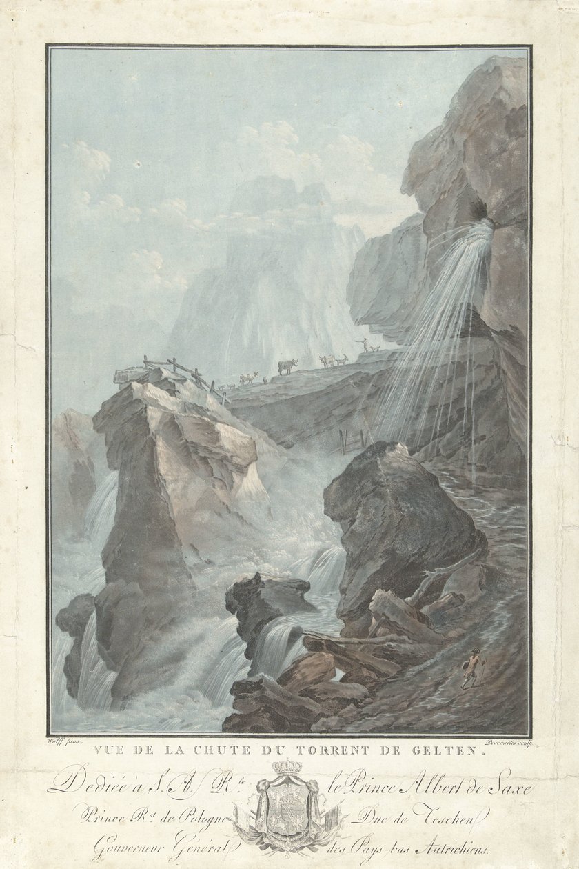 Udsigt over Gelten-vandfaldet Udsigt over Chute du Torrent de Gelten (titel på objekt) Bemærkelsesværdig udsigt over bjergene i Schweiz (serietitel) af Charles Melchior Descourtis