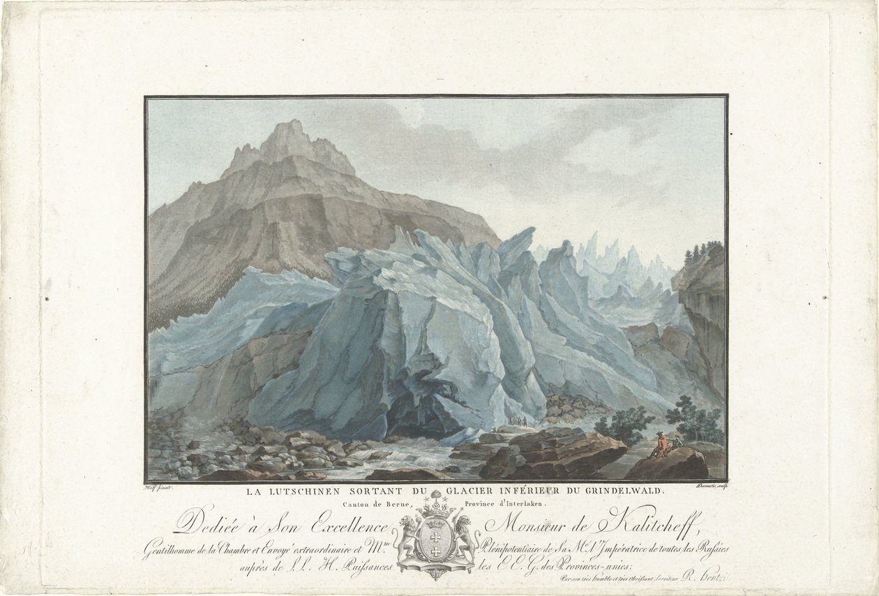 Gletsjer bij Grindelwald Lutchinen, der dukker op fra den nedre Grindelwald-gletsjer. Kanton Bern, provinsen Interlaken (titel på objekt) Bemærkelsesværdig udsigt over bjergene i Schweiz (serietitel) af Charles Melchior Descourtis