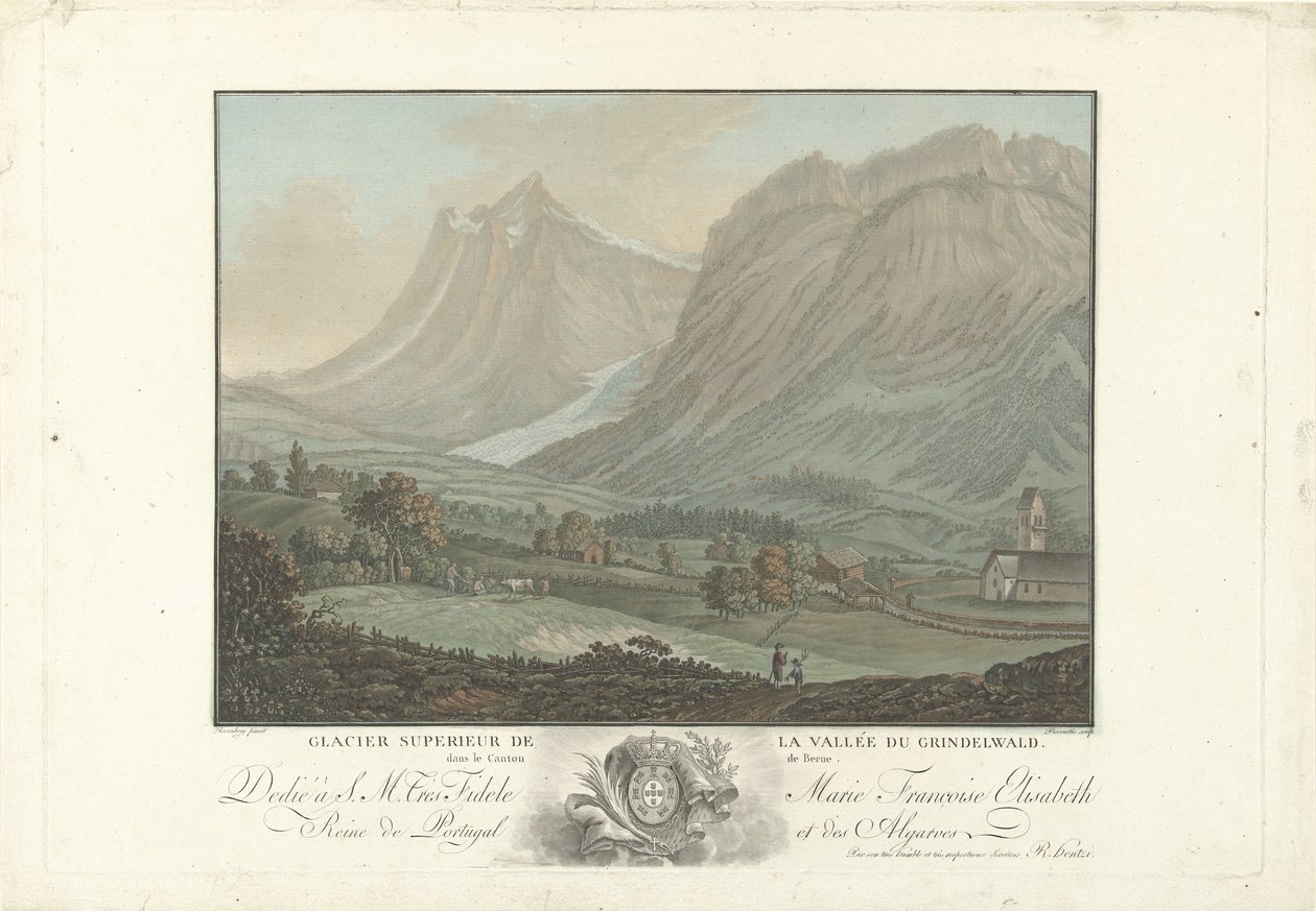 Gletsjer bij de valley van Grindelwald Øvre gletscher i Grindelwald-dalen i kantonen Bern (titel på objekt) Bemærkelsesværdig udsigt over bjergene i Schweiz (serietitel) af Charles Melchior Descourtis