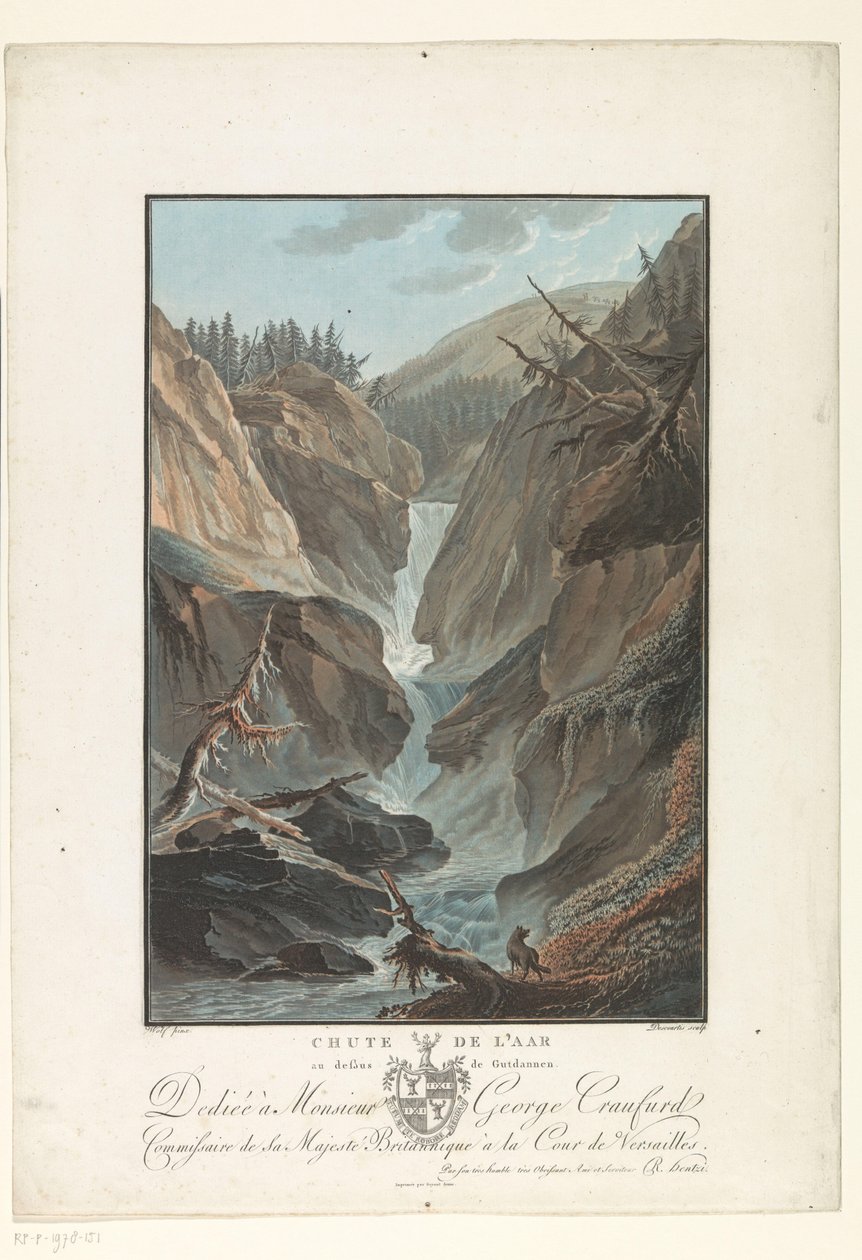 Waterval fra Aare å Fall of the Aare over Gutdannen (titel på objekt) Bemærkelsesværdig udsigt over bjergene i Schweiz (serietitel) af Charles Melchior Descourtis