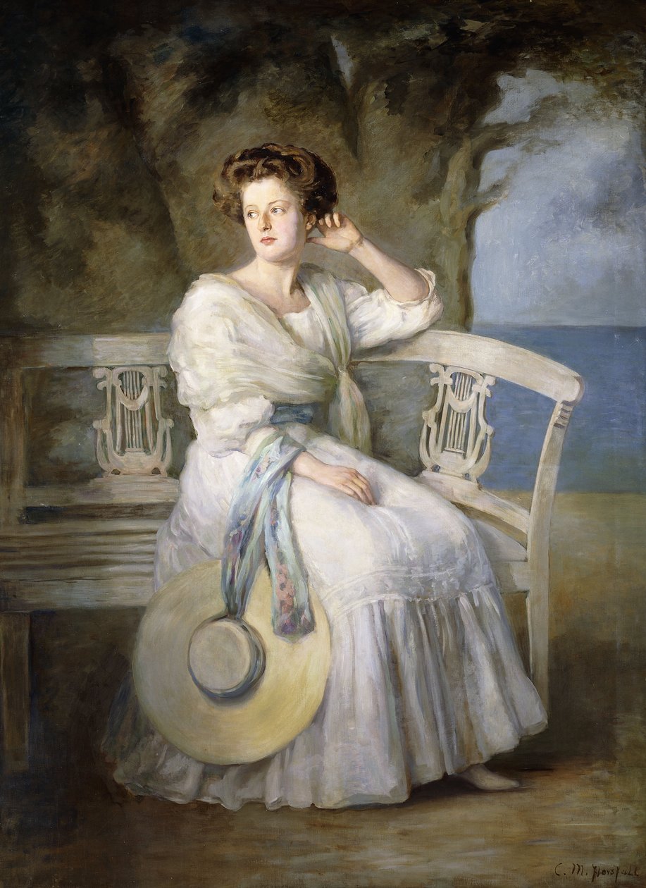 Portræt af en dame iført en blå kjole af Charles Mendelssohn Horsfall